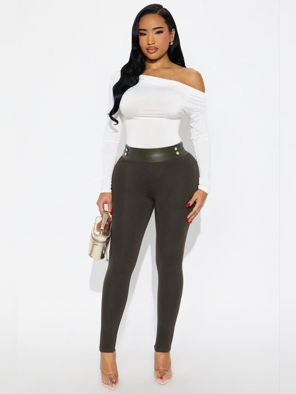 Fash Nova High-Waist Olive Green Ponte Leggings with Buttoned Waist